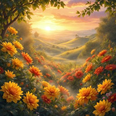 The primary subject of the image is a beautiful field of flowers, with a variety of yellow and orange flowers spread throughout the scene. The setting is a lush green hillside, providing a serene and picturesque backdrop. The visual style of the image is a digital art or illustration, showcasing the vibrant colors and intricate details of the flowers. The overall atmosphere of the image is warm, inviting, and full of life, as the flowers create a sense of natural beauty and tranquility.